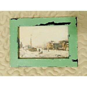 Gallery  Winter Village Framed Print Snowy Street Scene Distressed Green Frame